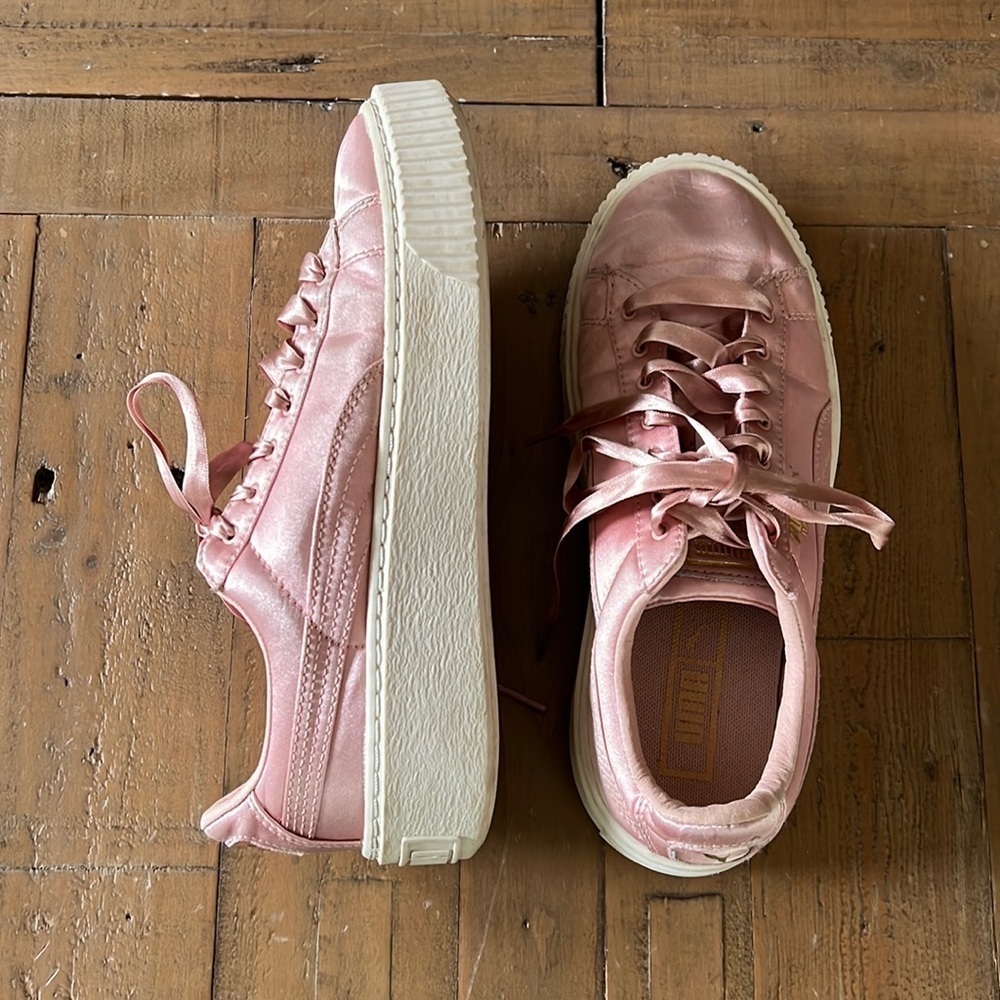 Puma basket pink satin platform sneakers